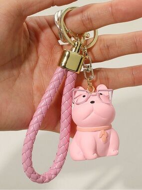 Pink Braided Wristlet Keychain with Cute Dog Charm